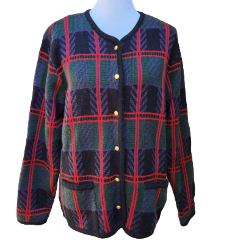 VTG Liz Baker Multicolor Plaid Cardigan Sweater Pockets Gold Buttons Grandma